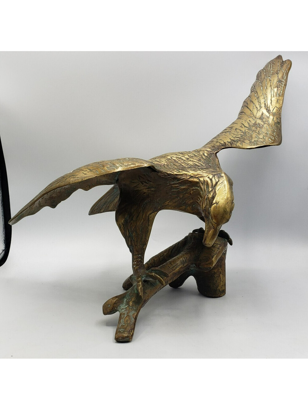 Brass American Bald Eagle Statue Perched on Log 18" Wingspan Bird Sculpture